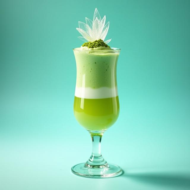 透明な飴細工と抹茶の層が美しい氷河パフェ